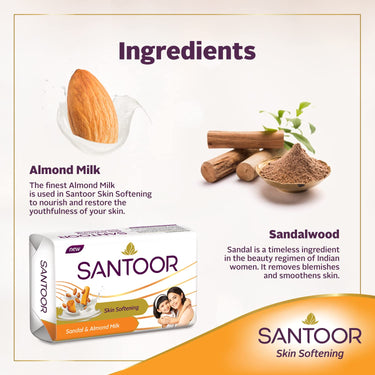 Santoor Skin Softening Sandal & Almond Milk Bathing Soap with Nourishing & Anti-Aging Properties| For Smooth & Soft and Younger-Looking Skin| For All Skin Types| 125g, Pack of 5